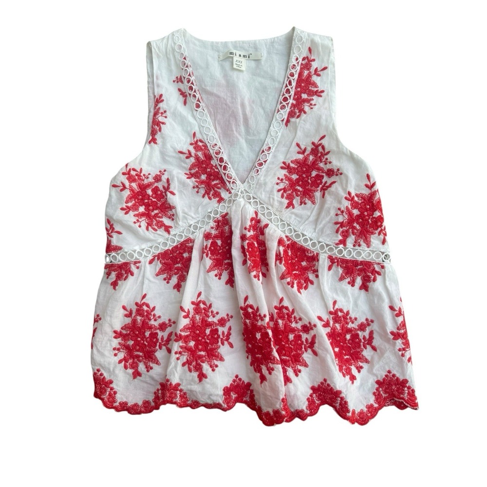 Mi Ami Embroidered Boho Tank Top XXS White Red Floral Eyelet Sleeveless